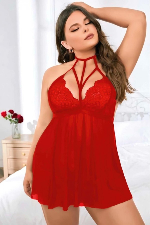 Moda Çizgi Kadın Büyük Beden Fantezi Gecelik Kırmızı B2027