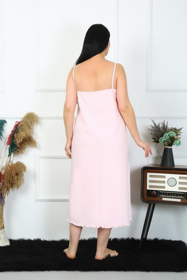 Moda Çizgi Kadın Büyük Beden İp Askılı Pamuklu Pembe Uzun Gecelik 12100