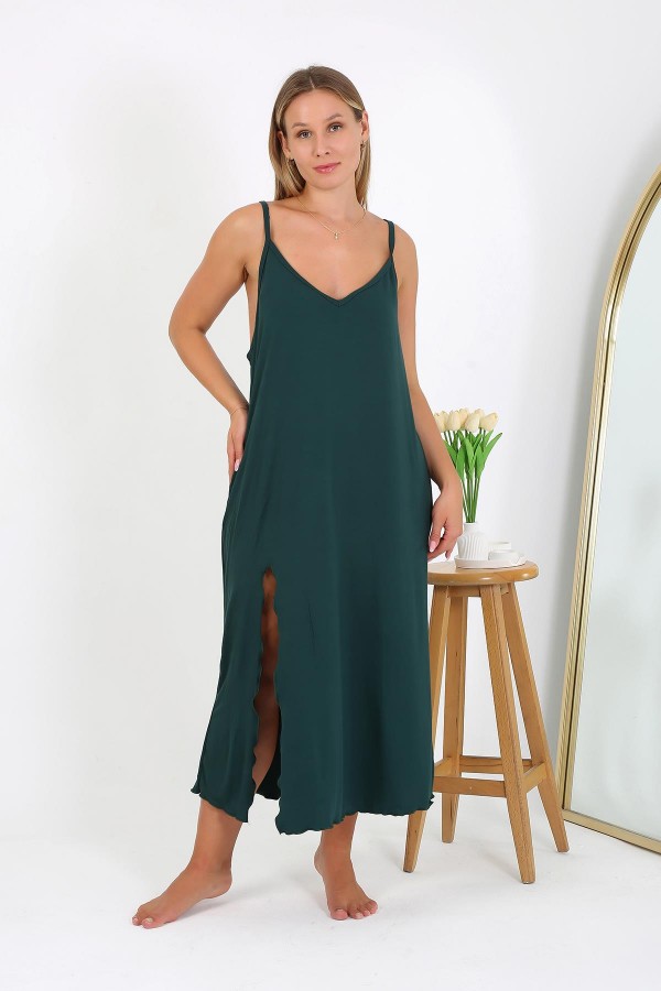 Moda Çizgi Kadın Büyük Beden İp Askılı Uzun Gecelik 12111