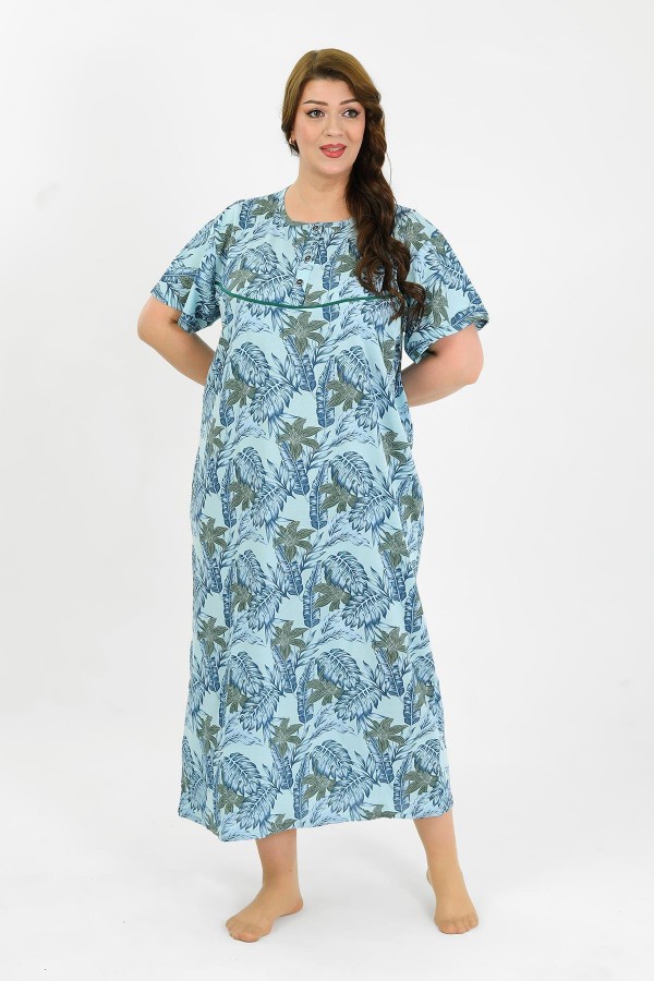 Moda Çizgi Kadın Büyük Beden Kısa Kol Mavi Anne Gecelik 1377
