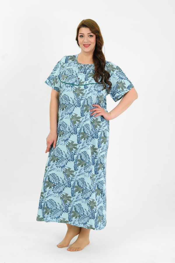 Moda Çizgi Kadın Büyük Beden Kısa Kol Mavi Anne Gecelik 1377