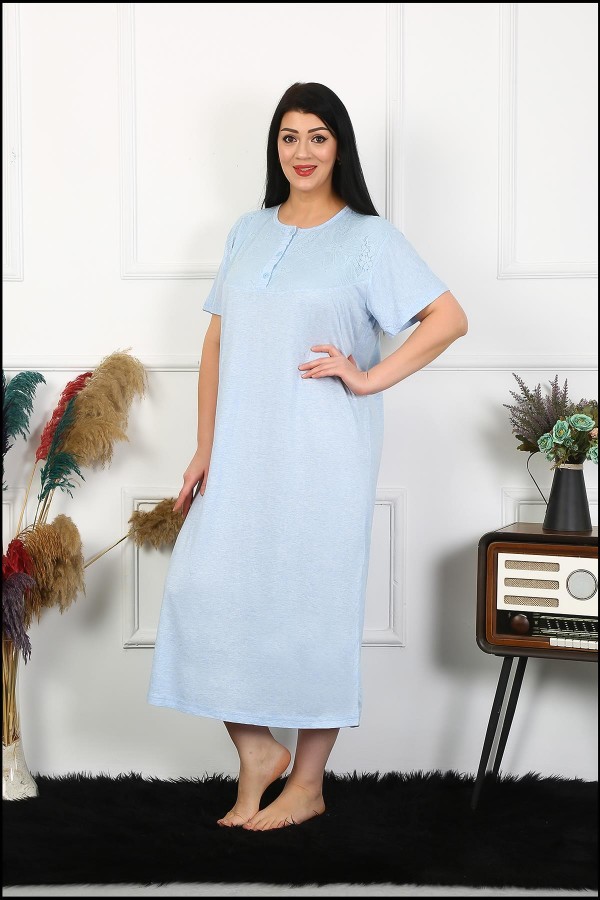 Moda Çizgi Kadın Büyük Beden Kısa Kol Mavi Dantelli Anne Gecelik 1376