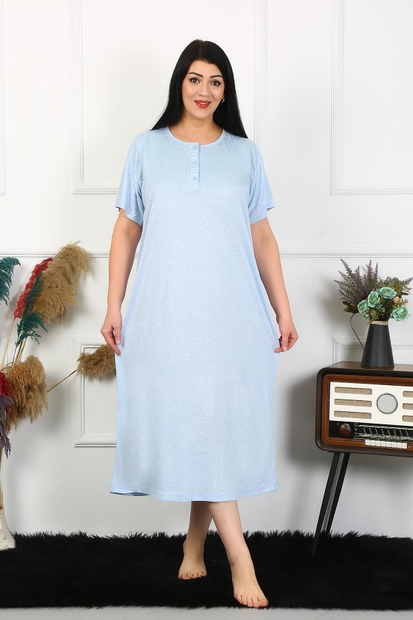 Moda Çizgi Kadın Büyük Beden Kısa Kol Mavi Dantelli Anne Gecelik 1376
