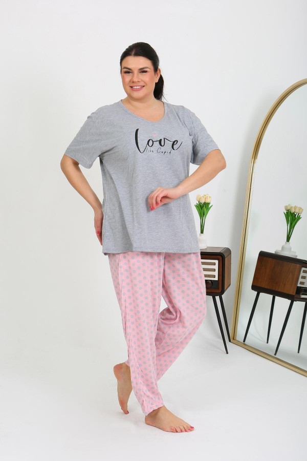 Moda Çizgi Kadın Büyük Beden Kısa Kol Penye Pijama Takımı Gri 202408