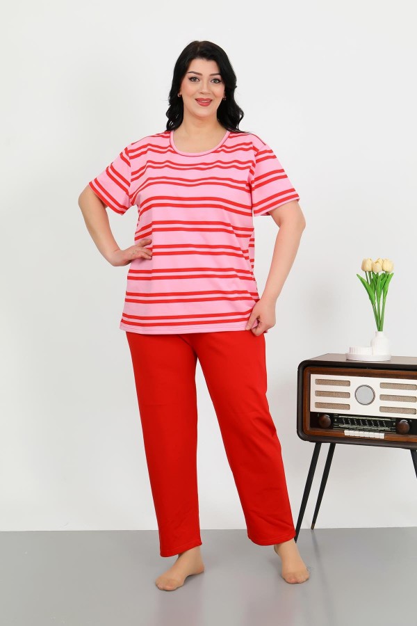 Moda Çizgi Kadın Büyük Beden Kısa Kol Penye Pijama Takımı Kırmızı 202505