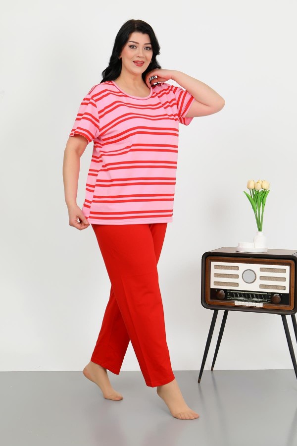 Moda Çizgi Kadın Büyük Beden Kısa Kol Penye Pijama Takımı Kırmızı 202505
