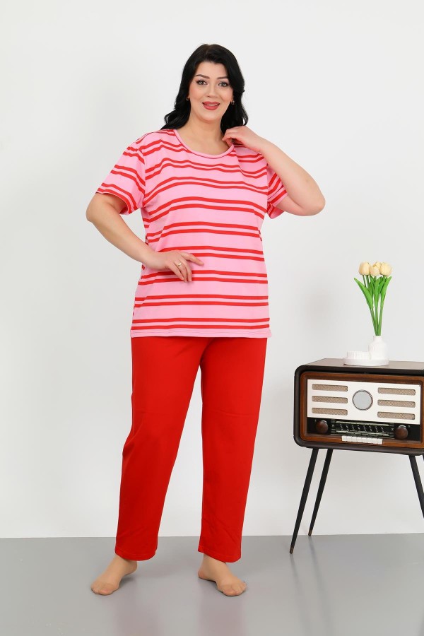 Moda Çizgi Kadın Büyük Beden Kısa Kol Penye Pijama Takımı Kırmızı 202505