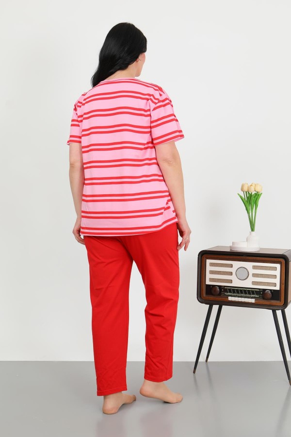 Moda Çizgi Kadın Büyük Beden Kısa Kol Penye Pijama Takımı Kırmızı 202505