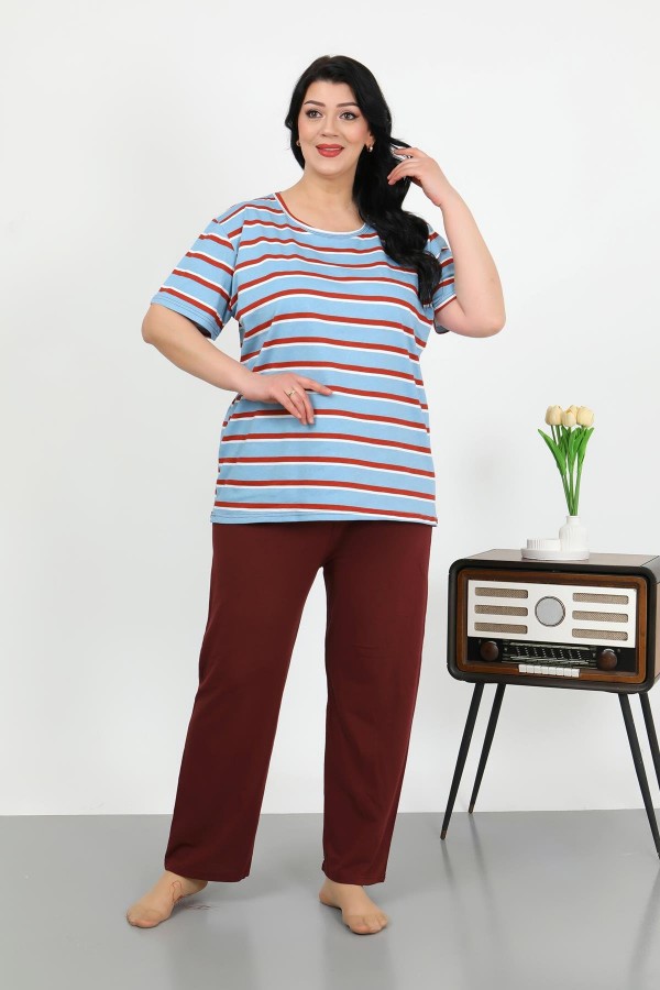 Moda Çizgi Kadın Büyük Beden Kısa Kol Penye Pijama Takımı Mavi 202505