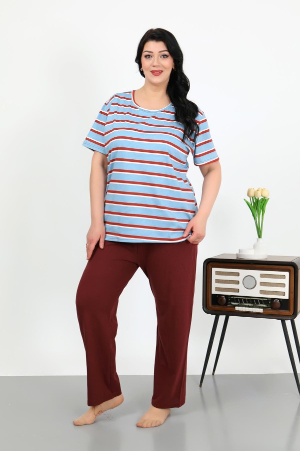 Moda Çizgi Kadın Büyük Beden Kısa Kol Penye Pijama Takımı Mavi 202505