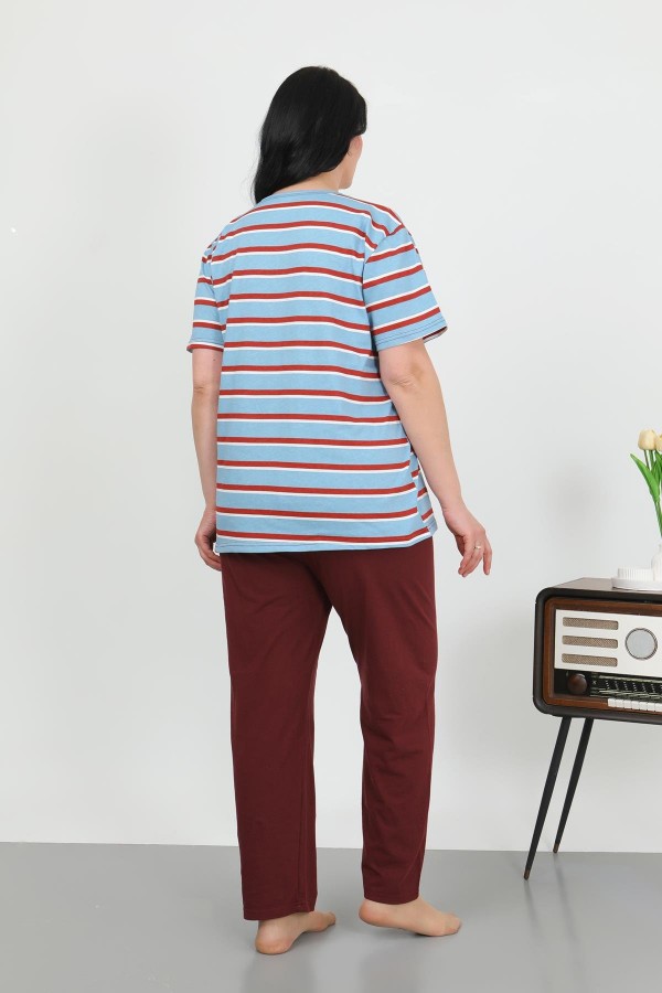 Moda Çizgi Kadın Büyük Beden Kısa Kol Penye Pijama Takımı Mavi 202505