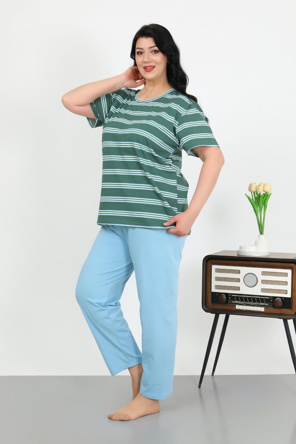 Moda Çizgi Kadın Büyük Beden Kısa Kol Penye Pijama Takımı Petrol 202505