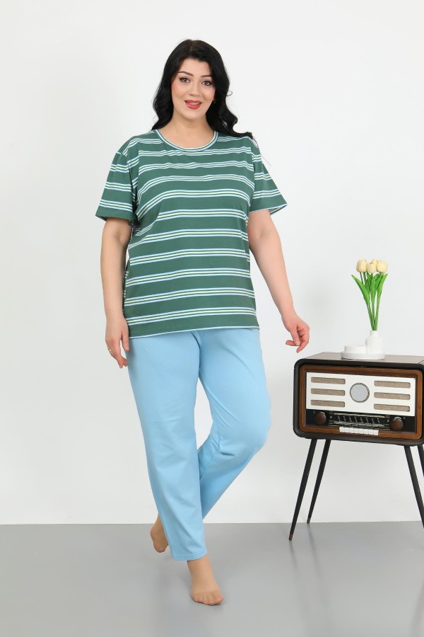 Moda Çizgi Kadın Büyük Beden Kısa Kol Penye Pijama Takımı Petrol 202505