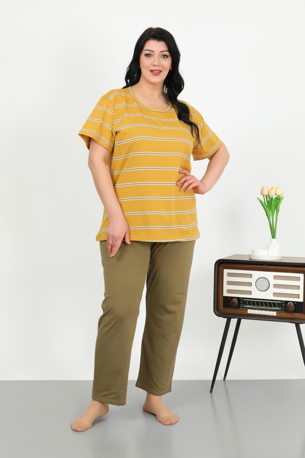 Moda Çizgi Kadın Büyük Beden Kısa Kol Penye Pijama Takımı Sarı 202505