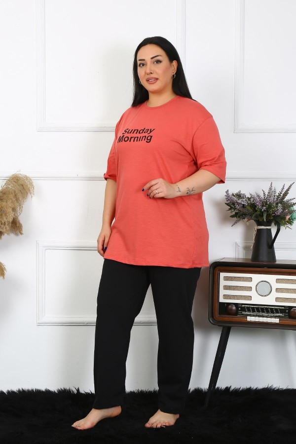 Moda Çizgi Kadın Büyük Beden Mercan Pijama Takımı 202404
