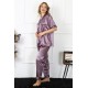 Moda Çizgi Kadın Büyük Beden Mor Saten Pijama Takımı 10303