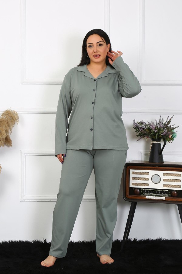 Moda Çizgi Kadın Büyük Beden Pamuklu Cepli Düğmeli Haki Pijama Takım 202401