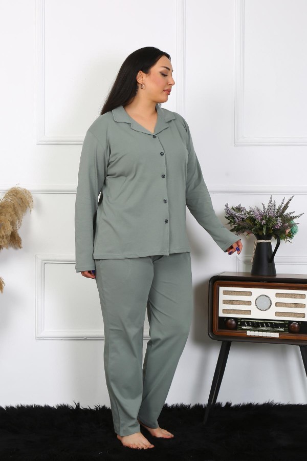 Moda Çizgi Kadın Büyük Beden Pamuklu Cepli Düğmeli Haki Pijama Takım 202401