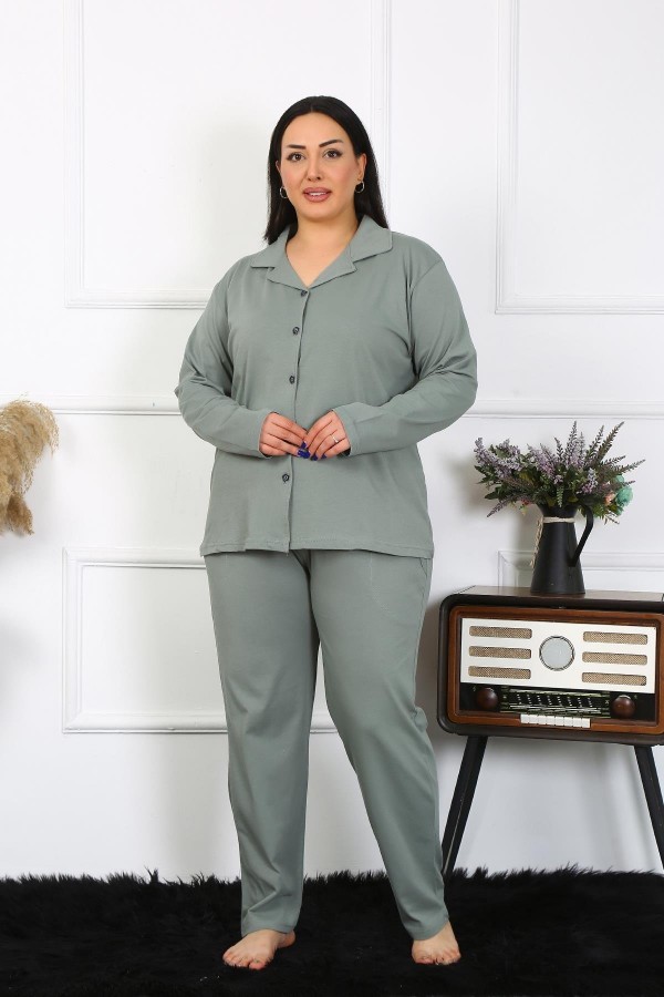 Moda Çizgi Kadın Büyük Beden Pamuklu Cepli Düğmeli Haki Pijama Takım 202401