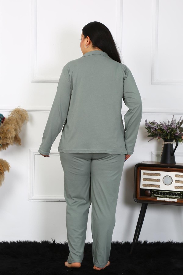 Moda Çizgi Kadın Büyük Beden Pamuklu Cepli Düğmeli Haki Pijama Takım 202401