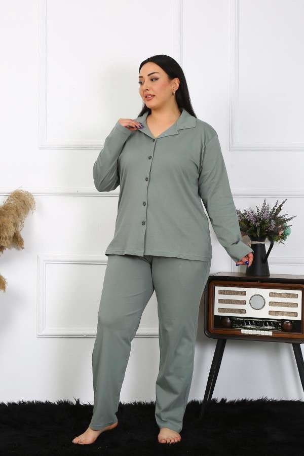 Moda Çizgi Kadın Büyük Beden Pamuklu Cepli Düğmeli Haki Pijama Takım 202401