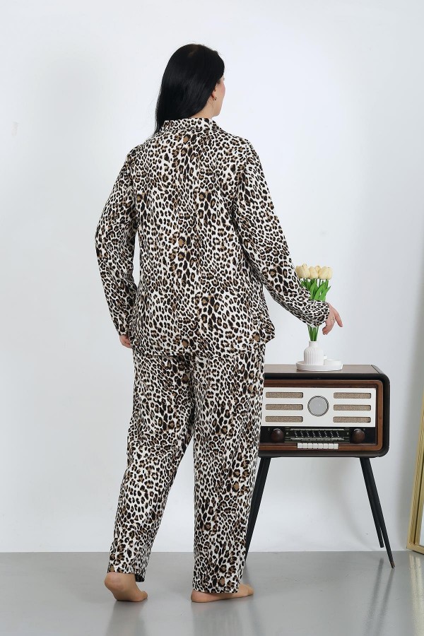 Moda Çizgi Kadın Büyük Beden Pamuklu Cepli Düğmeli Kahve Pijama Takım 202504
