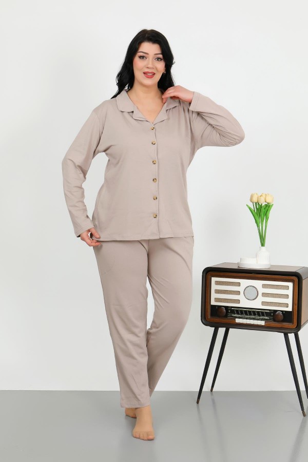 Moda Çizgi Kadın Büyük Beden Pamuklu Cepli Düğmeli Krem Pijama Takım 202506