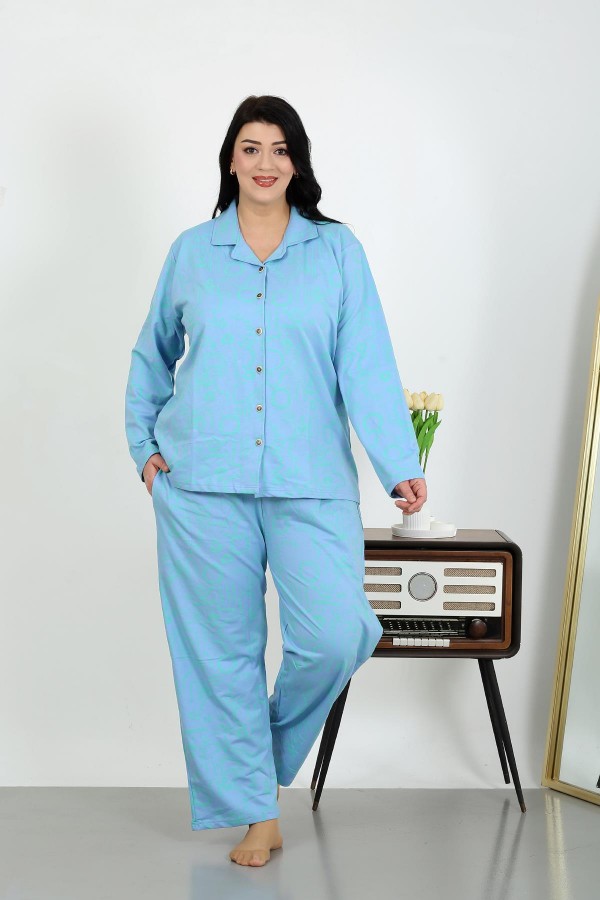 Moda Çizgi Kadın Büyük Beden Pamuklu Cepli Düğmeli Mavi Pijama Takım 202504
