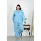 Moda Çizgi Kadın Büyük Beden Pamuklu Cepli Düğmeli Mavi Pijama Takım 202504