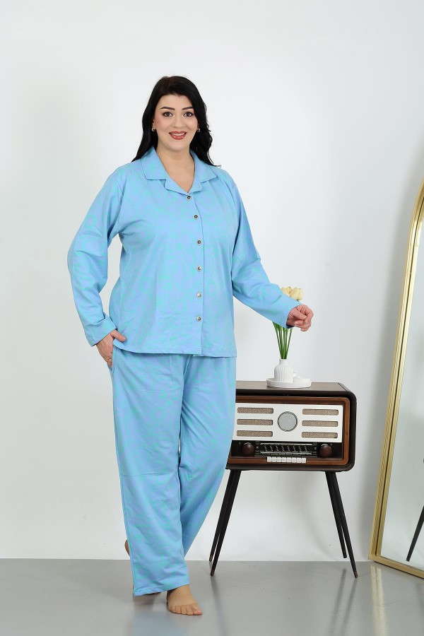 Moda Çizgi Kadın Büyük Beden Pamuklu Cepli Düğmeli Mavi Pijama Takım 202504
