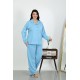 Moda Çizgi Kadın Büyük Beden Pamuklu Cepli Düğmeli Mavi Pijama Takım 202504