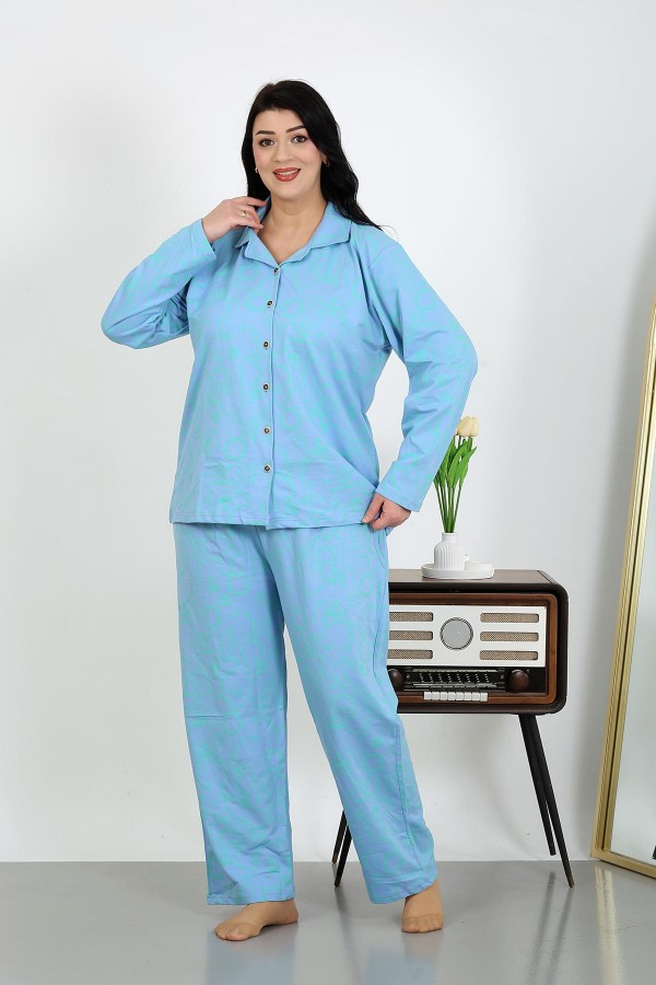 Moda Çizgi Kadın Büyük Beden Pamuklu Cepli Düğmeli Mavi Pijama Takım 202504