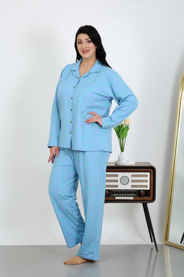 Moda Çizgi Kadın Büyük Beden Pamuklu Cepli Düğmeli Mavi Pijama Takım 202504