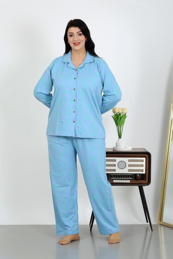 Moda Çizgi Kadın Büyük Beden Pamuklu Cepli Düğmeli Mavi Pijama Takım 202504