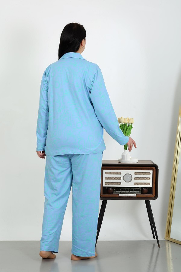 Moda Çizgi Kadın Büyük Beden Pamuklu Cepli Düğmeli Mavi Pijama Takım 202504