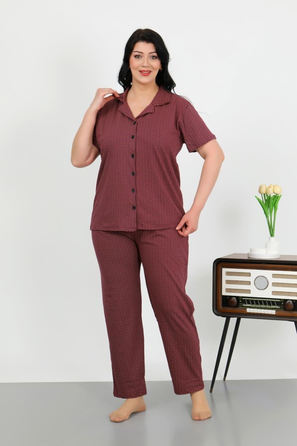 Moda Çizgi Kadın Büyük Beden Pamuklu Cepli Düğmeli Mor Pijama Takım 202507