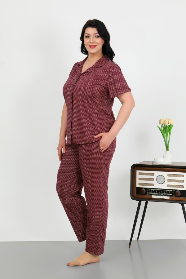 Moda Çizgi Kadın Büyük Beden Pamuklu Cepli Düğmeli Mor Pijama Takım 202507