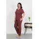 Moda Çizgi Kadın Büyük Beden Pamuklu Cepli Düğmeli Mor Pijama Takım 202507