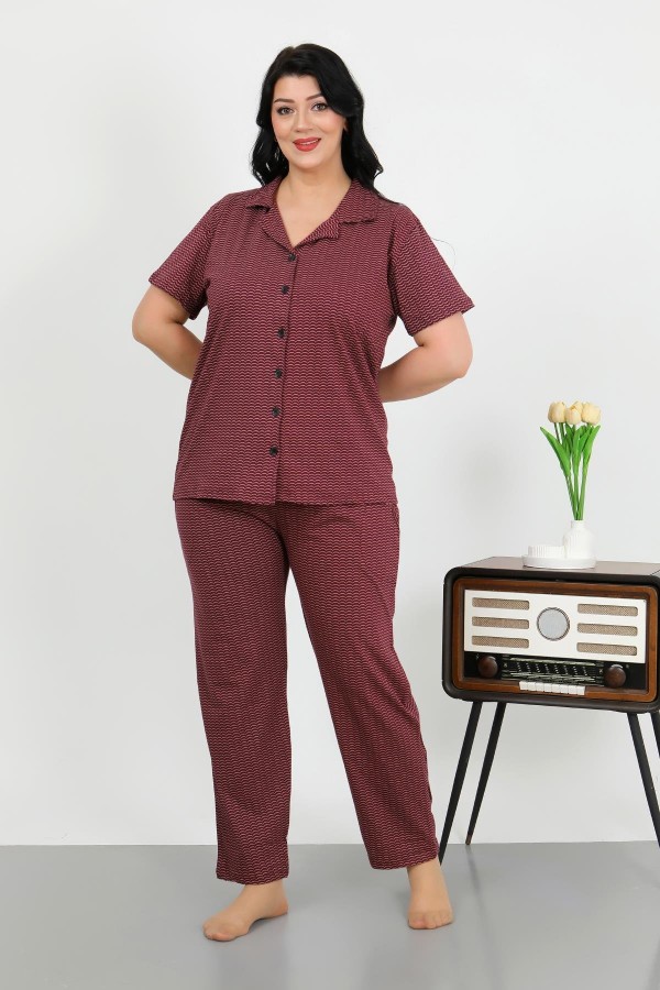 Moda Çizgi Kadın Büyük Beden Pamuklu Cepli Düğmeli Mor Pijama Takım 202507