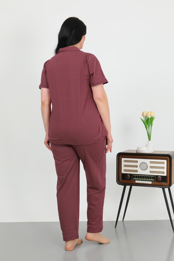 Moda Çizgi Kadın Büyük Beden Pamuklu Cepli Düğmeli Mor Pijama Takım 202507