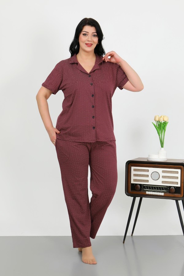 Moda Çizgi Kadın Büyük Beden Pamuklu Cepli Düğmeli Mor Pijama Takım 202507