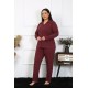Moda Çizgi Kadın Büyük Beden Pamuklu Cepli Düğmeli Mürdüm Pijama Takım 202401