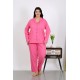 Moda Çizgi Kadın Büyük Beden Pamuklu Cepli Düğmeli Pembe Pijama Takım 202504
