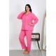 Moda Çizgi Kadın Büyük Beden Pamuklu Cepli Düğmeli Pembe Pijama Takım 202504