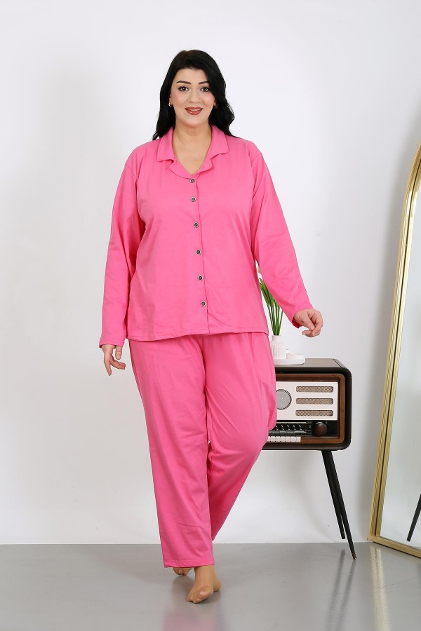 Moda Çizgi Kadın Büyük Beden Pamuklu Cepli Düğmeli Pembe Pijama Takım 202504