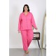 Moda Çizgi Kadın Büyük Beden Pamuklu Cepli Düğmeli Pembe Pijama Takım 202504