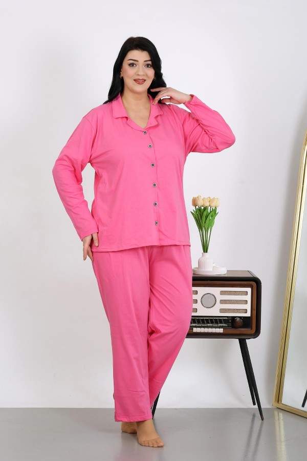 Moda Çizgi Kadın Büyük Beden Pamuklu Cepli Düğmeli Pembe Pijama Takım 202504