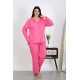 Moda Çizgi Kadın Büyük Beden Pamuklu Cepli Düğmeli Pembe Pijama Takım 202504