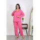 Moda Çizgi Kadın Büyük Beden Pamuklu Cepli Düğmeli Pembe Pijama Takım 202504