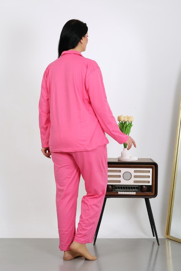 Moda Çizgi Kadın Büyük Beden Pamuklu Cepli Düğmeli Pembe Pijama Takım 202504
